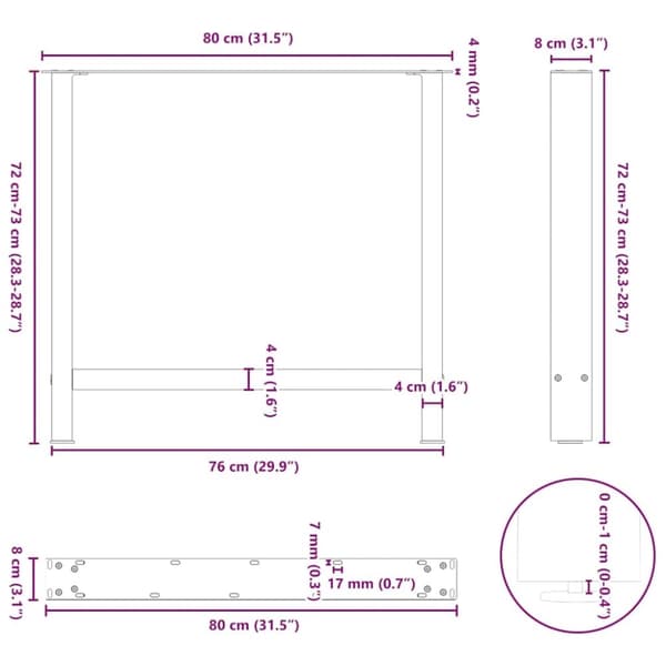 vidaXL Ruokapöydän jalat mustat 2 kpl 80x(72-73) cm teräs