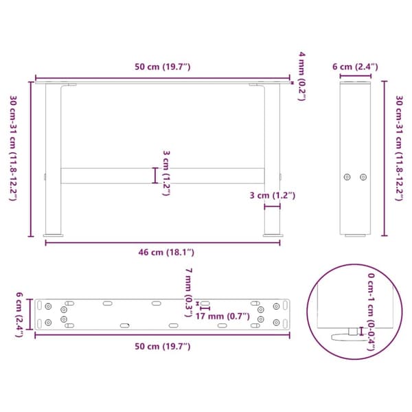 vidaXL Sohvapöydän jalat mustat 2 kpl 50x(30-31) cm teräs
