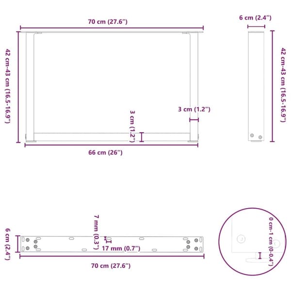 vidaXL Soffbordsben U-formade 2 st svart 70x(42-43) cm stål