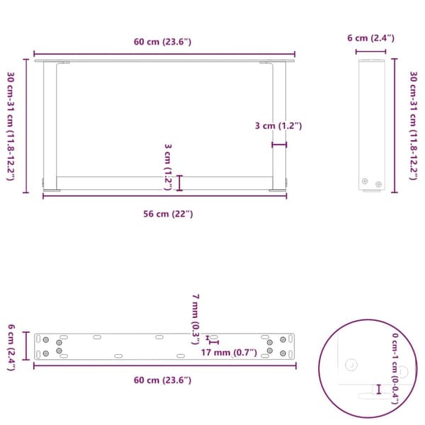vidaXL Salongbordben U-formet 2 stk antrasitt 60x(30-31) cm stål