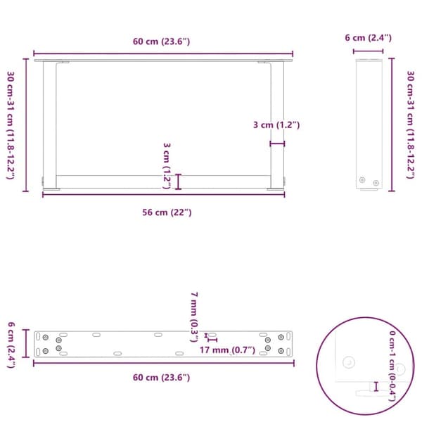 vidaXL Soffbordsben U-formade 2 st svart 60x(30-31) cm stål