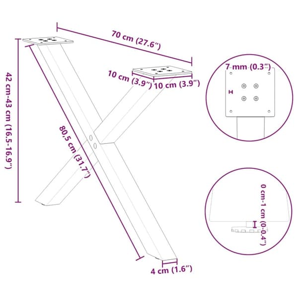 vidaXL Sohvapöydän jalat X-muotoiset 2 kpl Musta 70x(42-43) cm Teräs