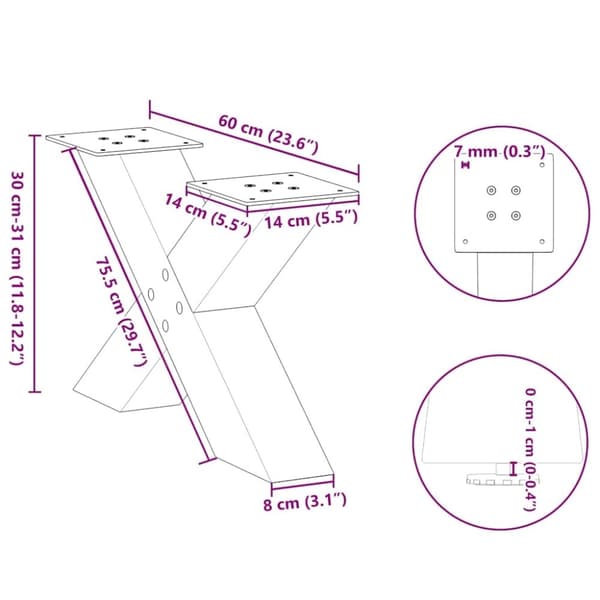 vidaXL Sohvapöydän jalat X-muotoiset 2 kpl Musta 60x(30-31) cm Teräs
