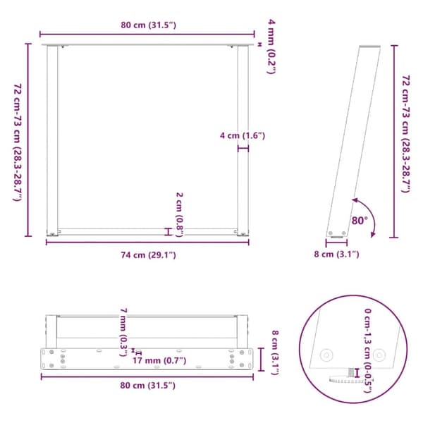 vidaXL Spisebordben U-formet 2 stk antrasitt 80x(72-73) cm stål