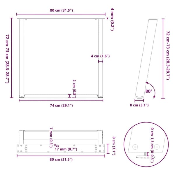 vidaXL Matbordsben U-formad 2 st svart 80x(72-73) cm stål