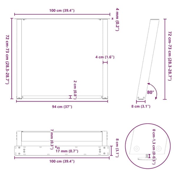 vidaXL Spisebordben U-formet 2 stk svart 100x(72-73) cm stål