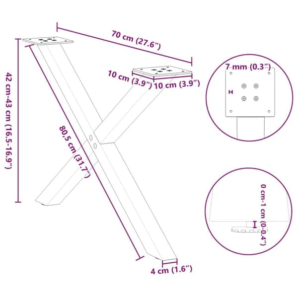 vidaXL Salongbordben X-formet 2 stk antrasitt 70 x (42-43) cm stål