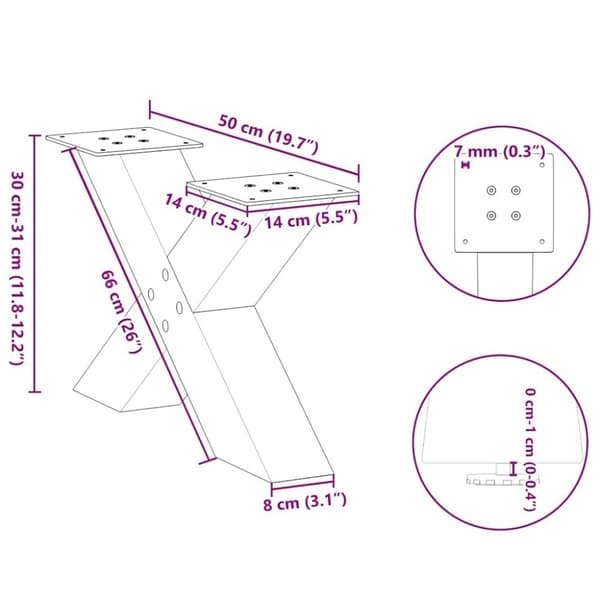 vidaXL Salongbordben X-formet 2 stk svart 50x(30-31) cm stål