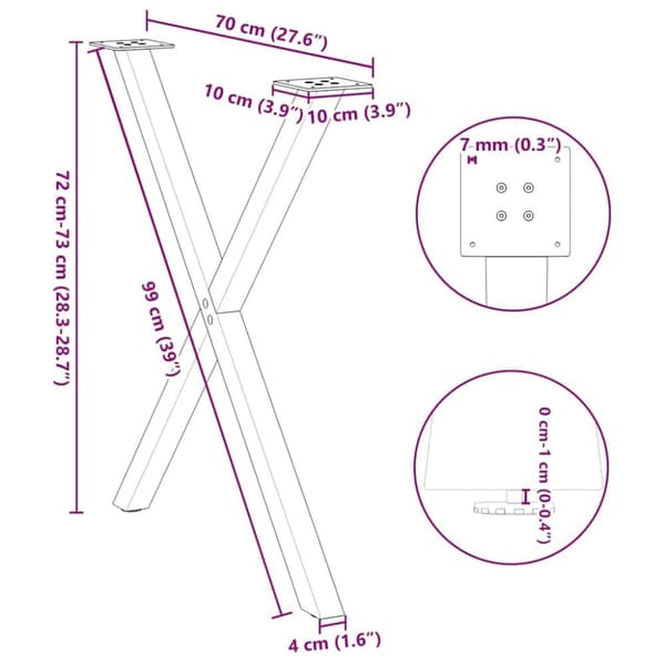 vidaXL Ruokapöydän jalat X-muotoiset 2 kpl Musta 70x(72-73) cm Teräs