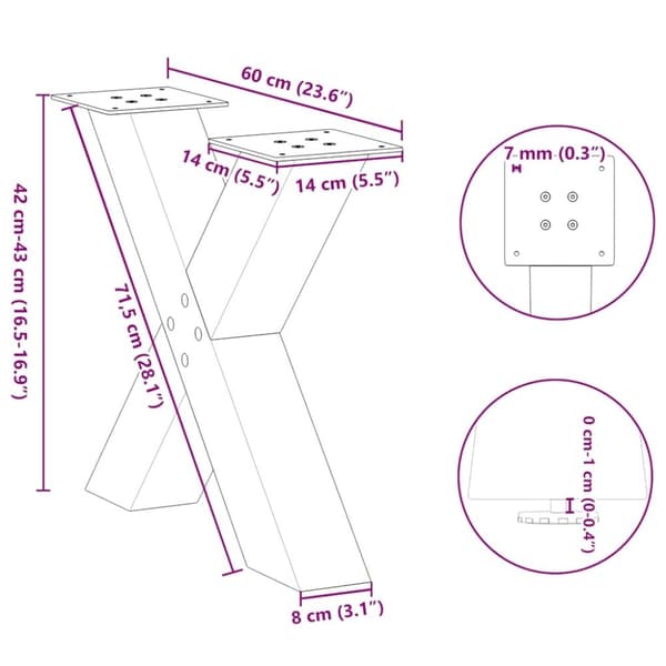 vidaXL Salongbordben X-formet 2 stk hvit 60 x (42-43) cm stål