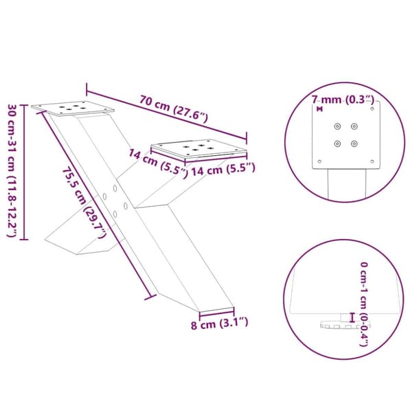 vidaXL Salongbordben X-formet 2 stk hvit 70 x (30-31) cm stål