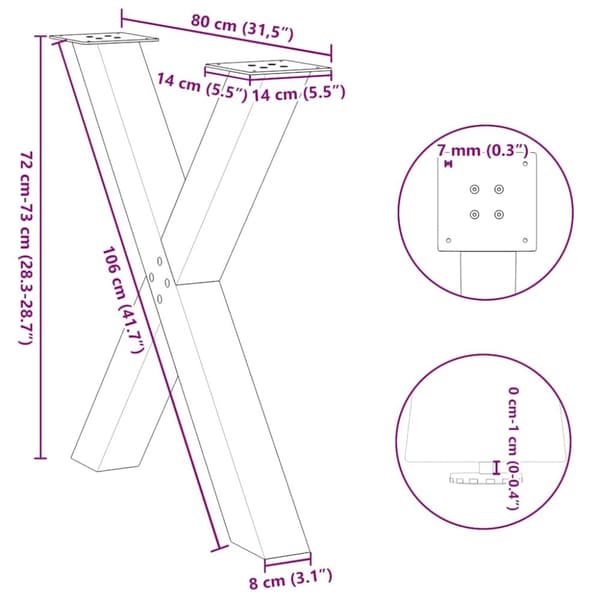 vidaXL Matbordsben X-formad 3 st vit 80x(72-73) cm stål