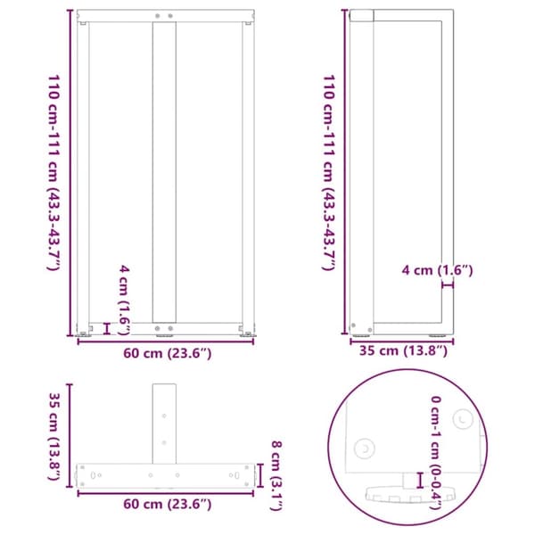 vidaXL Baaripöydän jalat T-muotoiset 2 kpl 60x35x(110-111) cm teräs