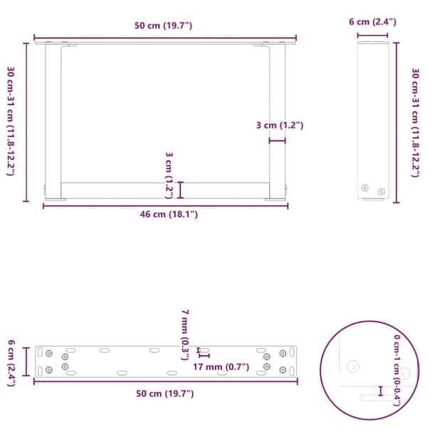 vidaXL sofabordben U-formet 2 stk. 50x(30-31) cm stål sort