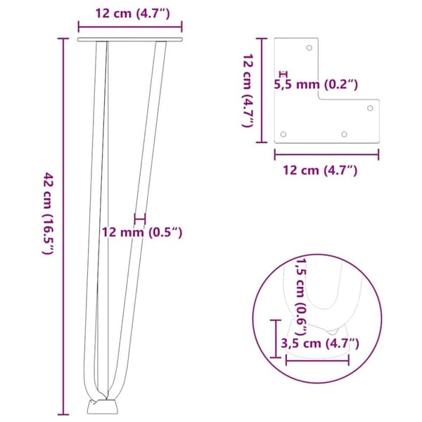 vidaXL Hiusneula jalat sohvapöydälle 4 kpl luonnonteräs 42cm umpiteräs