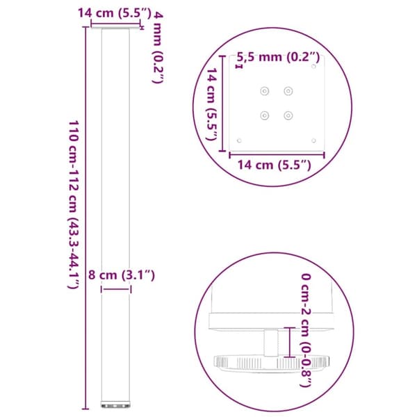 vidaXL Soffbordsben 4 st vit 110-112 cm stål