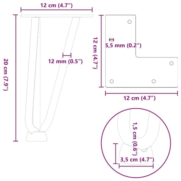 vidaXL Hårnåle bordben 4 stk. naturstål 20 cm massivt stål
