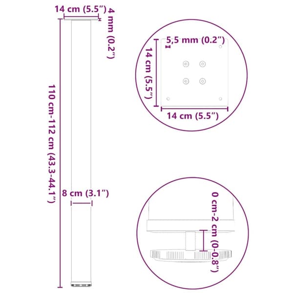 vidaXL Soffbordsben 4 st naturstål 110-112 cm stål