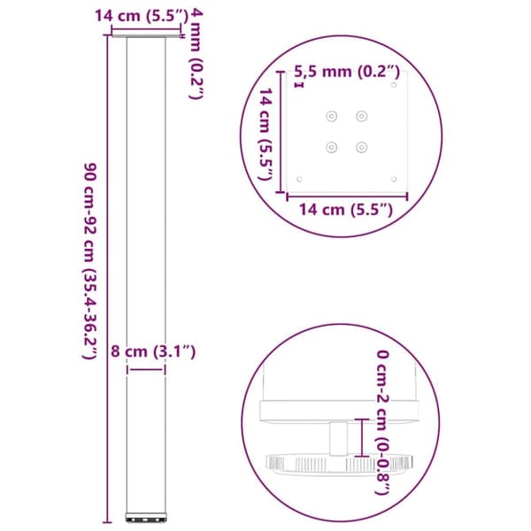 vidaXL Baaripöydän jalat 4 kpl Luonnonvärinen teräs 90-92 cm Teräs