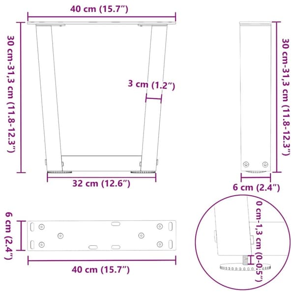 vidaXL Salongbordben V-formet 2 stk hvit 40x(30-31,3) cm stål
