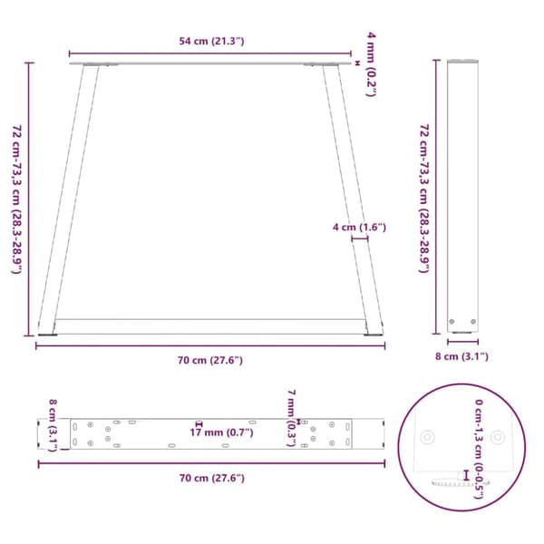vidaXL Matbordsben V-formade 3 st svart 70x(72-73,3) cm stål