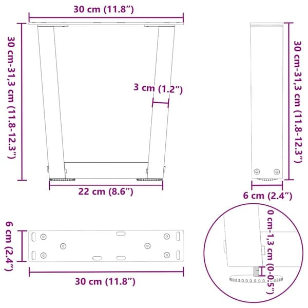 vidaXL Matbordsben V-formade 2 st antracit 30x(30-31,3) cm stål