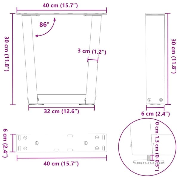 vidaXL Matbordsben V-formade 2 st svart 40x(30-31,3) cm stål