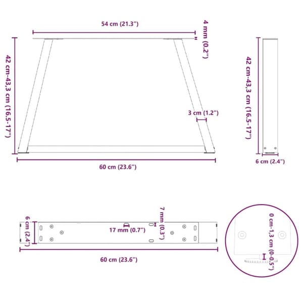 vidaXL Spisebordben V-formet 2 stk naturell 60x(42-43,3) cm stål