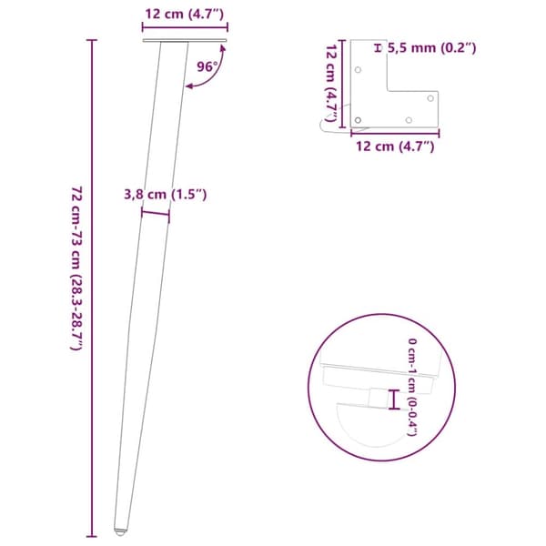 vidaXL Konsollbordben konisk form 4 stk naturstål 72–73 cm stål