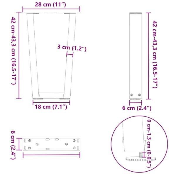vidaXL Matbordsben V-formade 2 st svart 28x(42-43,3) cm stål