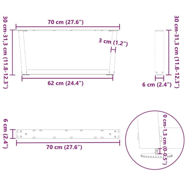 vidaXL Matbordsben V-formade 2 st vit 70x(30-31,3) cm stål