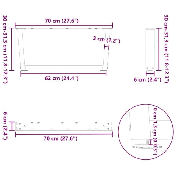 vidaXL Ruokapöydän jalat V-muoto 2 kpl Musta 70x(30-31,3) cm Teräs