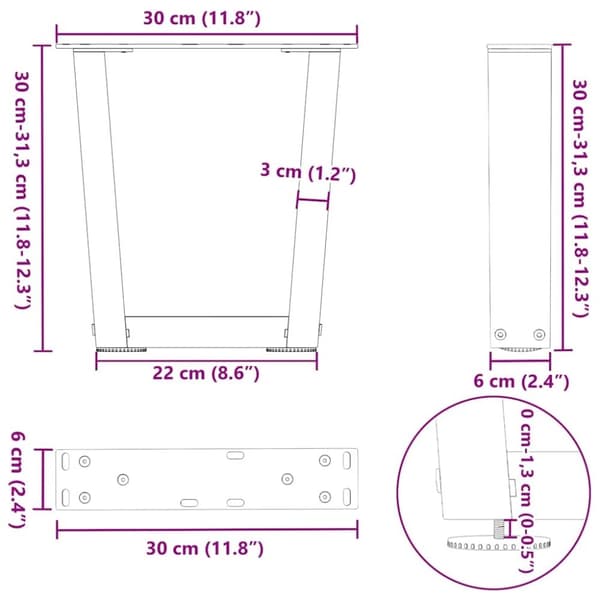 vidaXL Matbordsben V-formade 2 st naturstål 30x(30-31,3) cm stål