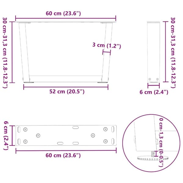 vidaXL Spisebordben V-formet 2 stk svart 60x(30-31,3) cm stål