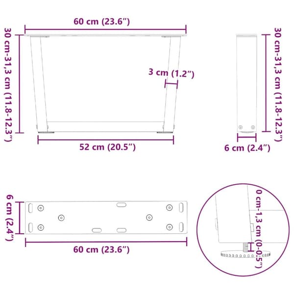 vidaXL Salongbordben V-formet 2 stk naturstål 60 x (30-31,3) cm stål