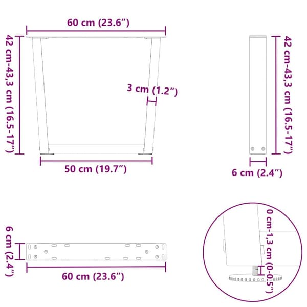 vidaXL Salongbordben V-formet 2 stk antrasitt 60 x (42-43,3) cm stål