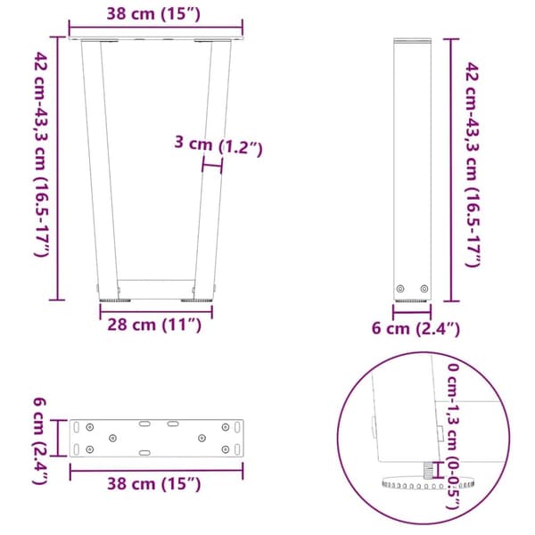 vidaXL Matbordsben V-formade 2 st vit 38x(42-43,3) cm stål