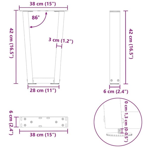 vidaXL Matbordsben V-formade 2 st antracit 38x(42-43,3) cm stål