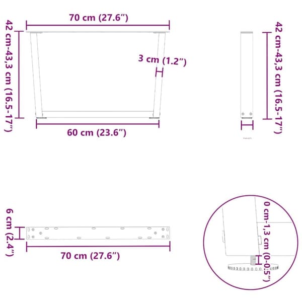 vidaXL Matbordsben V-formade 2 st naturstål 70x(42-43,3) cm stål