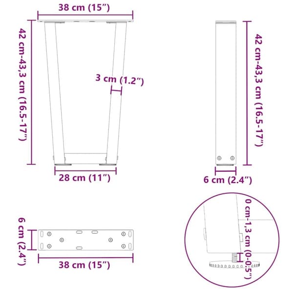 vidaXL Ruokapöydän jalat V-muoto 2 kpl Luonnonteräs 38x(42-43,3) cm