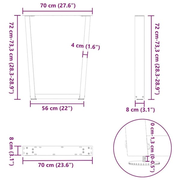 vidaXL Spisebordben V-formet 2 stk svart 70 x (72-73,3) cm stål