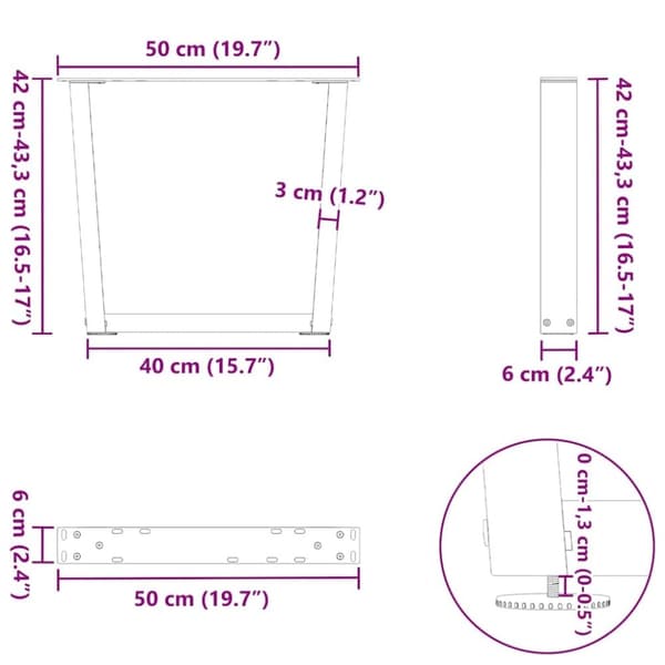 vidaXL Salongbordben V-formet 2 stk naturstål 50x(42-43,3) cm stål
