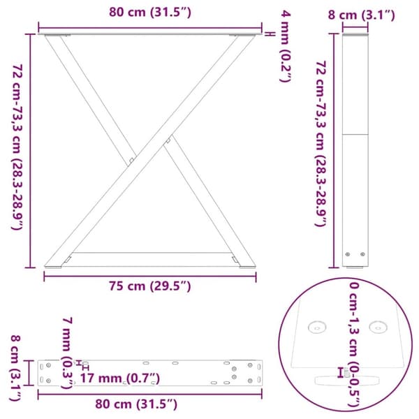 vidaXL Matbordsben 2 st antracit 80x(72-73,3) cm stål