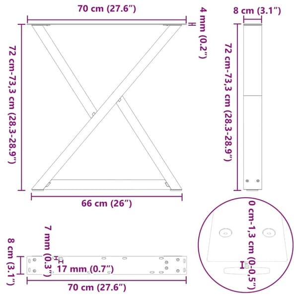 vidaXL Matbordsben 2 st svart 70x(72-73,3) cm stål
