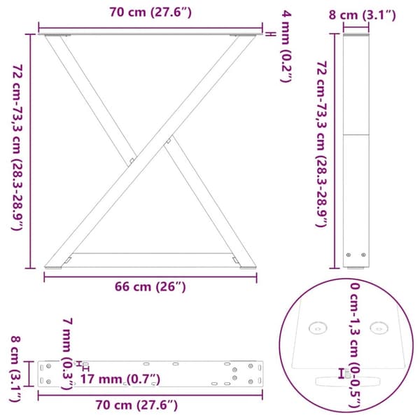 vidaXL Matbordsben 2 st antracit 70x(72-73,3) cm stål