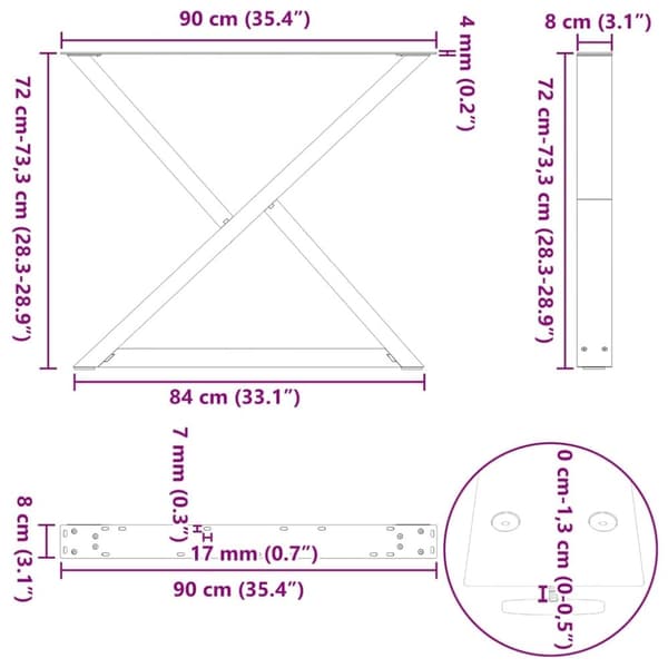 vidaXL Matbordsben 2 st vit 90x(72-73,3) cm stål