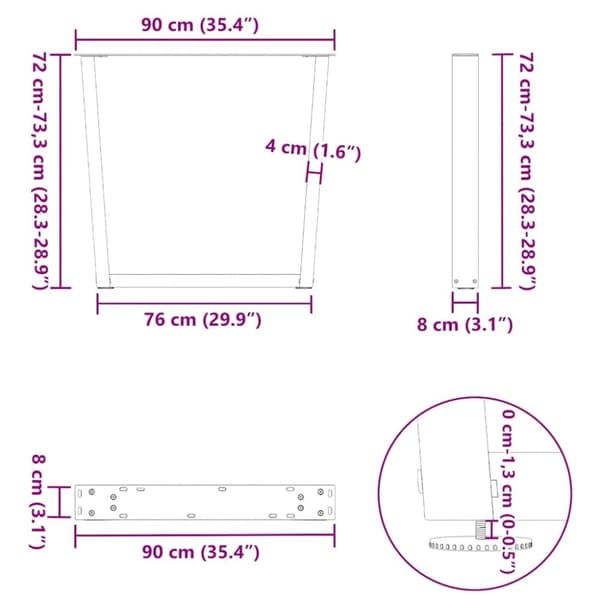 vidaXL Spisebordben V-formet 3 stk naturstål 90 x (72-73,3) cm stål
