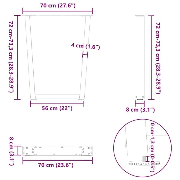 vidaXL Ruokapöydän jalat V-muoto 3 kpl Musta 70x(72-73,3) cm Teräs
