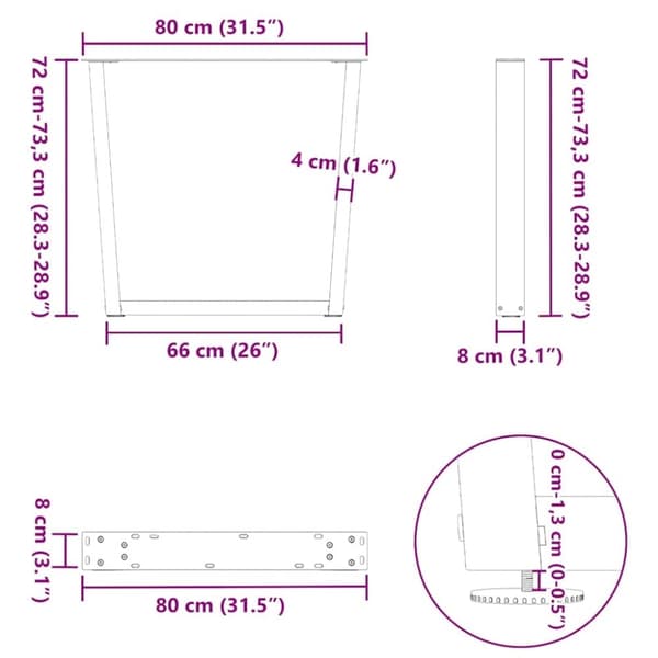 vidaXL Ruokapöydän jalat V-muotoiset 3 kpl Luonnonvärinen teräs 80x(72-73,3) cm Teräs