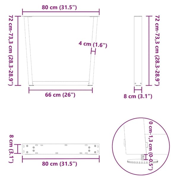 vidaXL Ruokapöydän jalat V-muoto 2 kpl Luonnonteräs 80x(72-73,3) cm